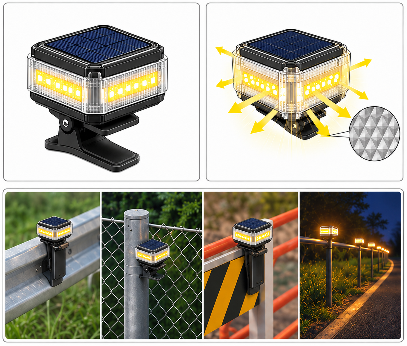 Solar guardrail safety light mounted on guardrails, fences and roadside posts
