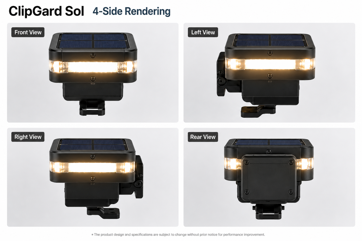 Solar-powered smart guardrail safety light — four side rendering views